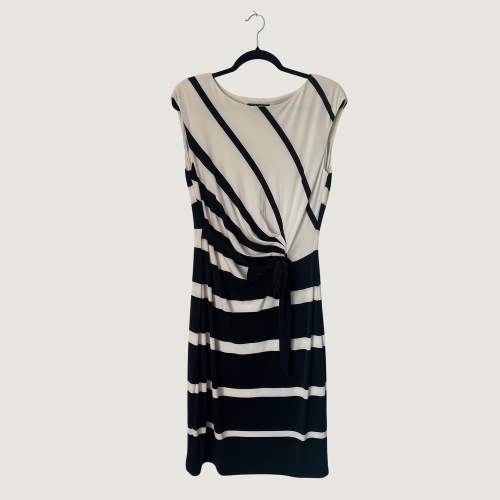 Lauren Ralph Lauren Sheath Dress Womens 12 Black Cream Striped Faux Wrap Tie